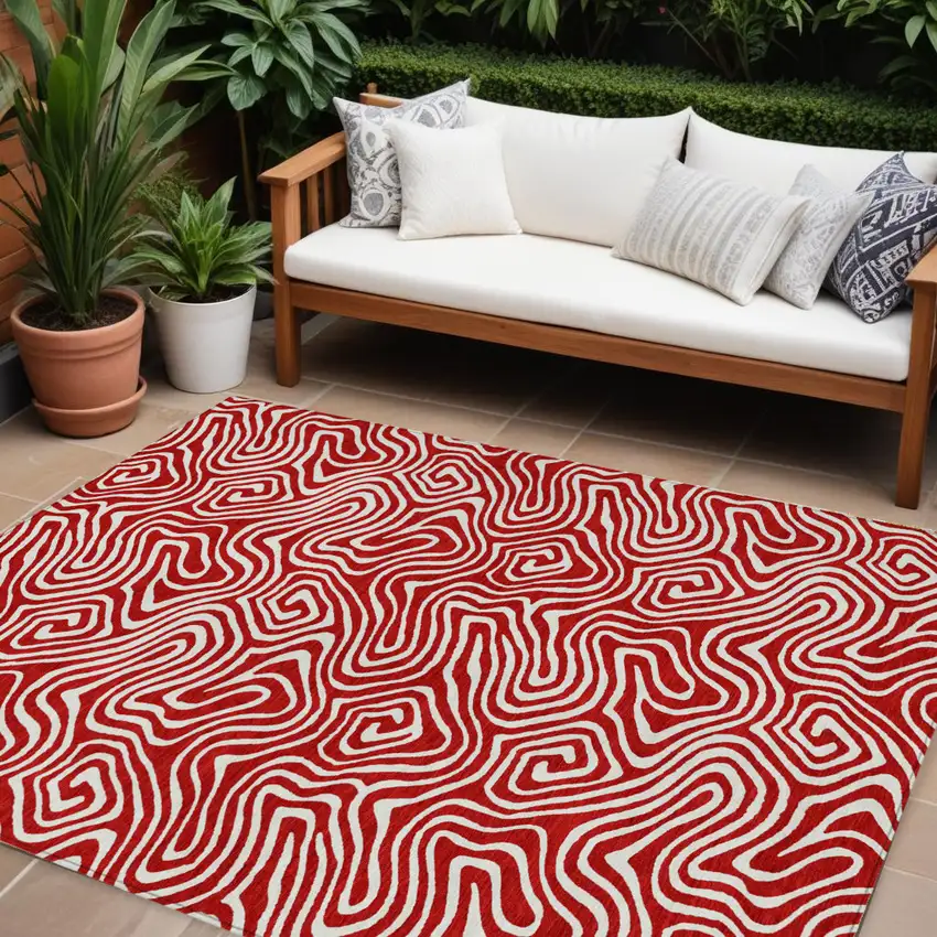 Red And Ivory Abstract Washable Indoor Outdoor Area Rug Photo 1