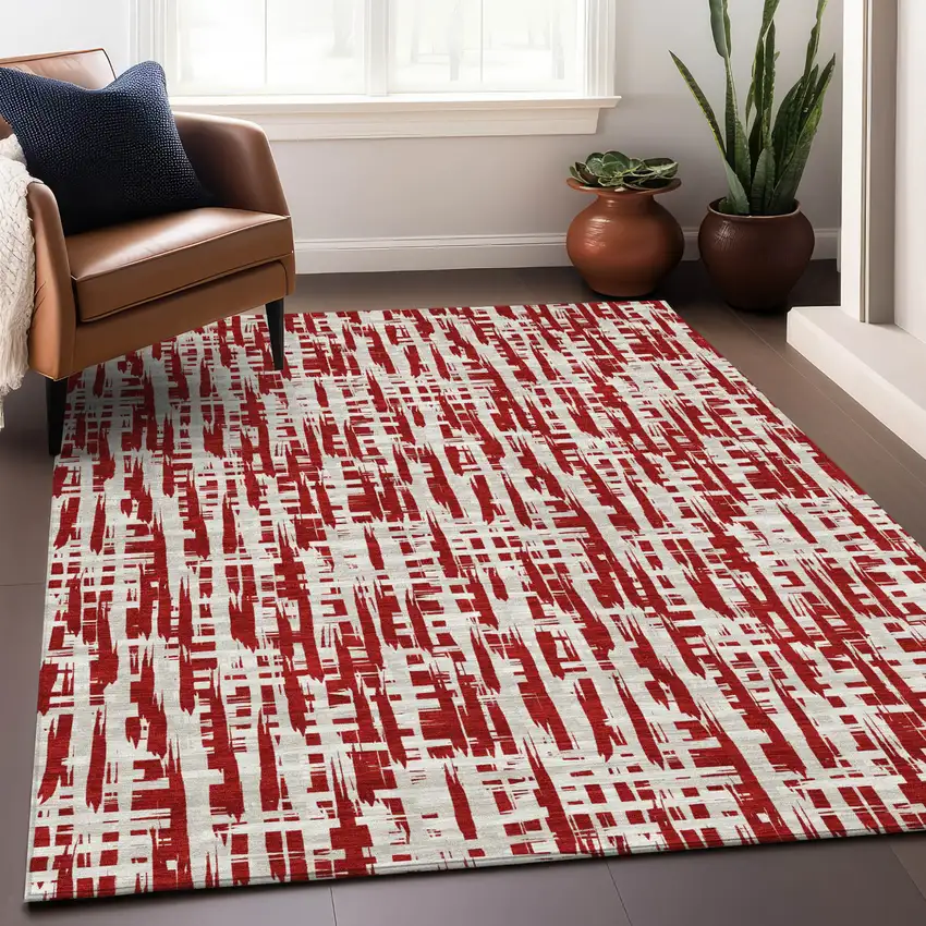 Red And Ivory Abstract Washable Indoor Outdoor Area Rug Photo 9