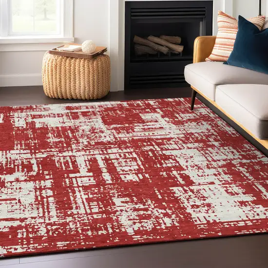 Red And Ivory Abstract Washable Indoor Outdoor Area Rug Photo 9