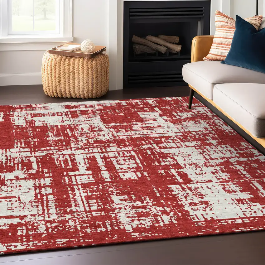 Red And Ivory Abstract Washable Indoor Outdoor Area Rug Photo 9