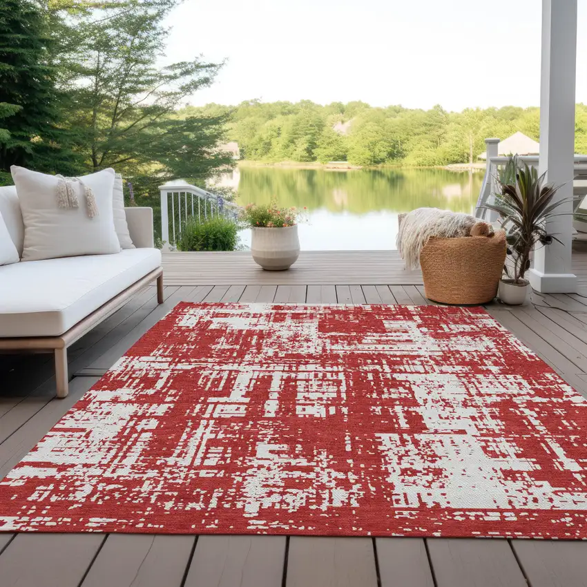 Red And Ivory Abstract Washable Indoor Outdoor Area Rug Photo 8