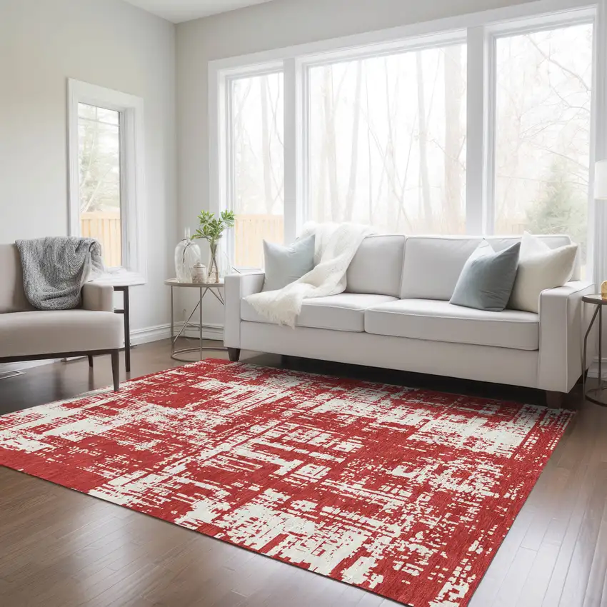 Red And Ivory Abstract Washable Indoor Outdoor Area Rug Photo 9