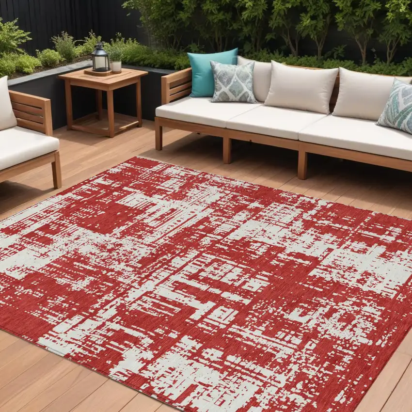 Red And Ivory Abstract Washable Indoor Outdoor Area Rug Photo 1
