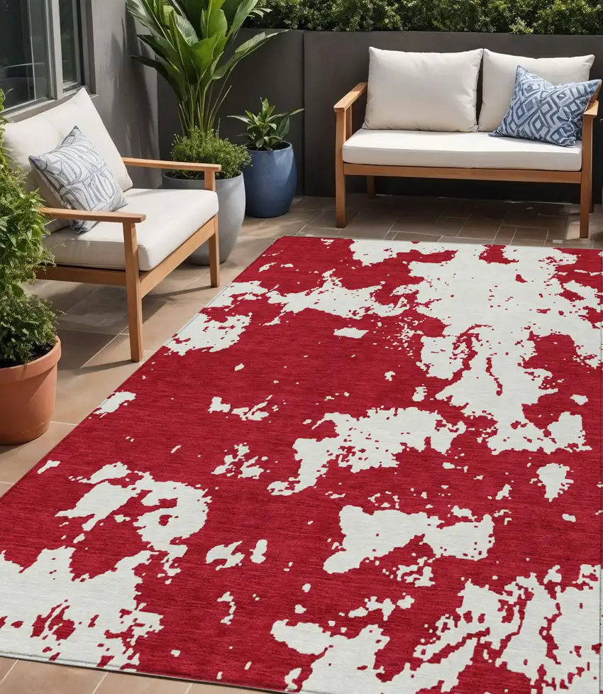 Red And Ivory Abstract Washable Indoor Outdoor Area Rug Photo 1
