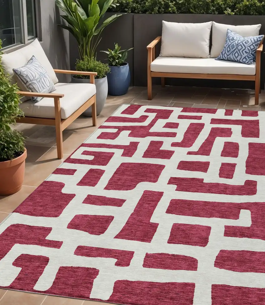 Red And Ivory Abstract Washable Indoor Outdoor Area Rug Photo 1