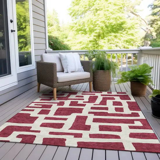 Red And Ivory Abstract Washable Indoor Outdoor Area Rug Photo 9