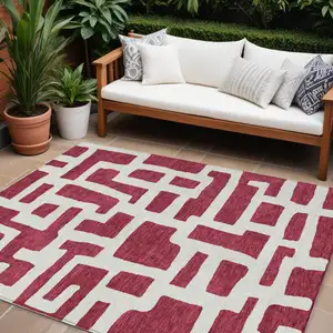 Photo of Red And Ivory Abstract Washable Indoor Outdoor Area Rug