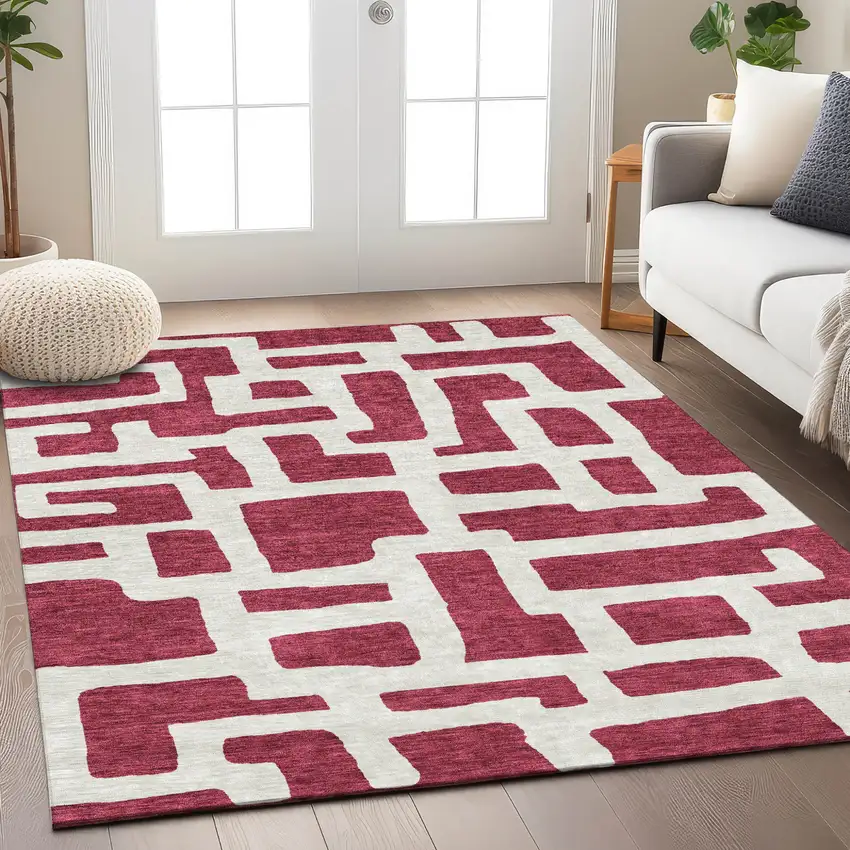 Red And Ivory Abstract Washable Indoor Outdoor Area Rug Photo 9