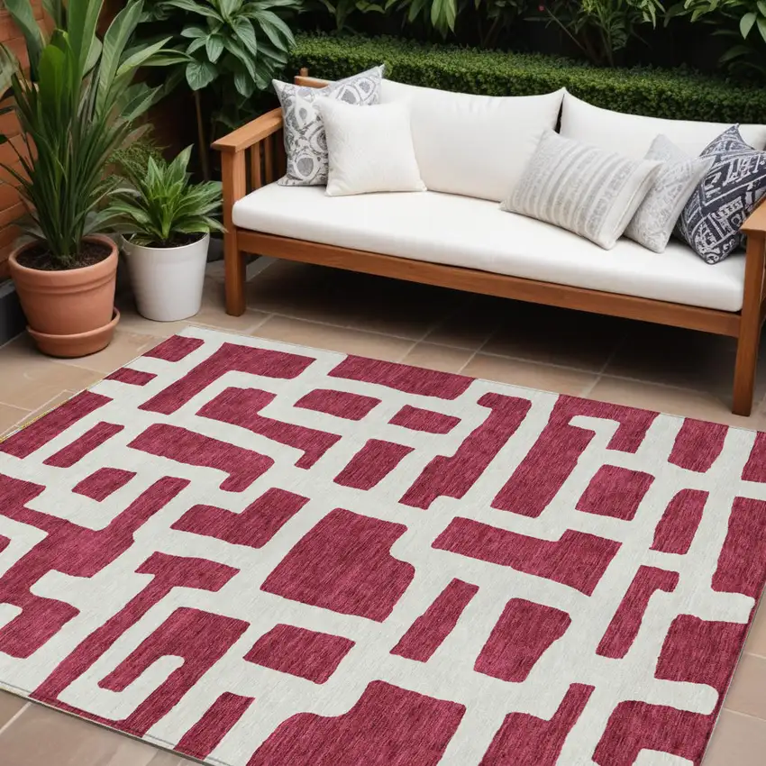 Red And Ivory Abstract Washable Indoor Outdoor Area Rug Photo 1