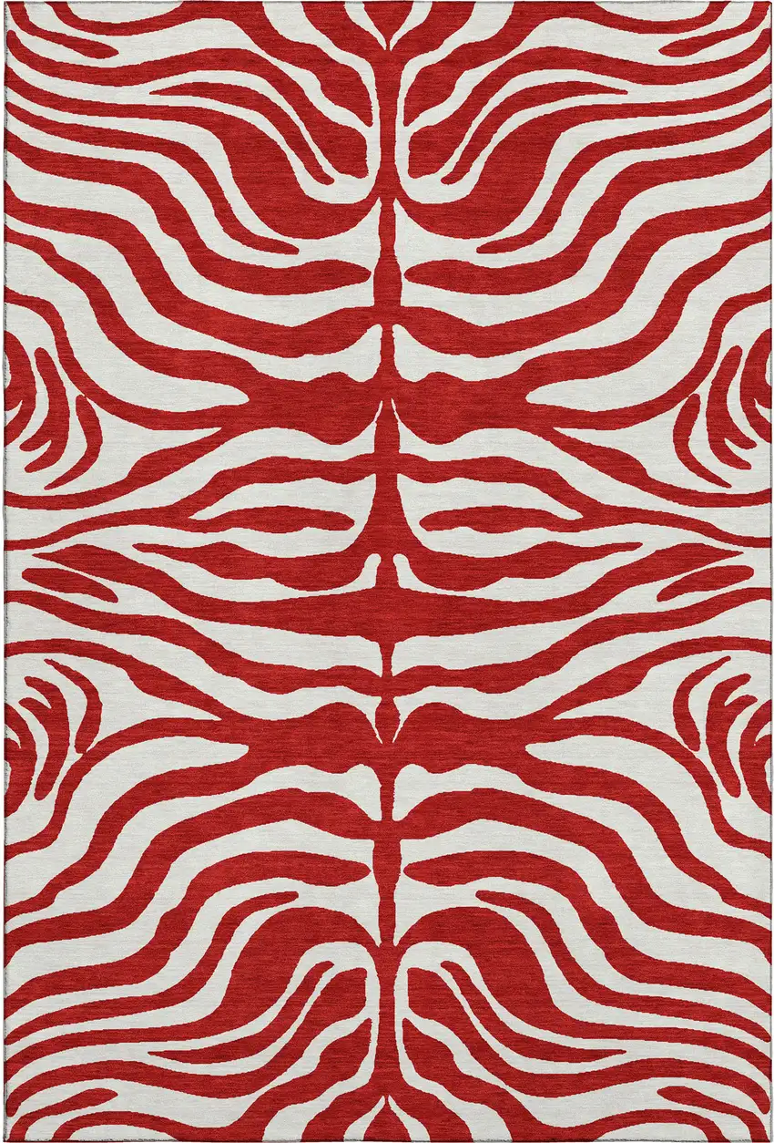 Red And Ivory Animal Print Washable Area Rug With UV Protection Photo 1