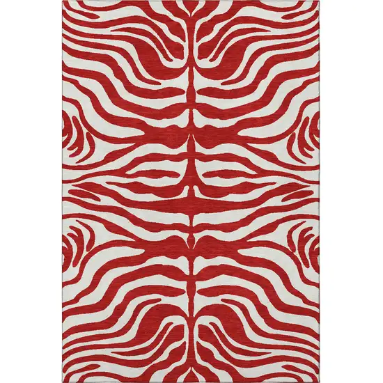 Red And Ivory Animal Print Washable Area Rug With UV Protection Photo 3
