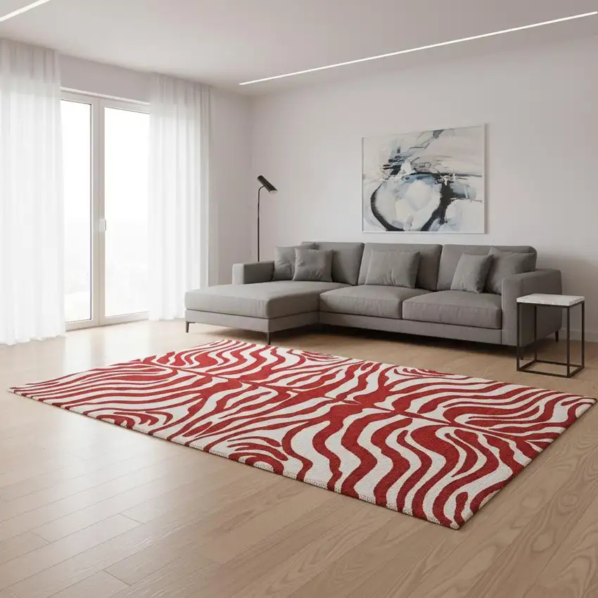 Red And Ivory Animal Print Washable Area Rug With UV Protection Photo 2