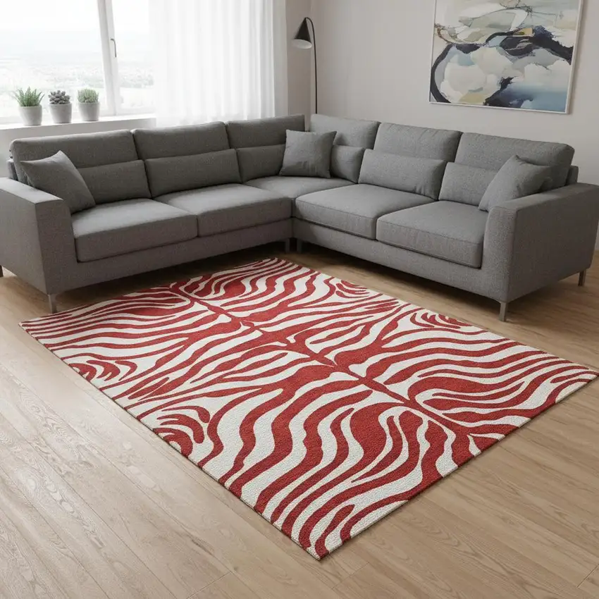 Red And Ivory Animal Print Washable Area Rug With UV Protection Photo 2