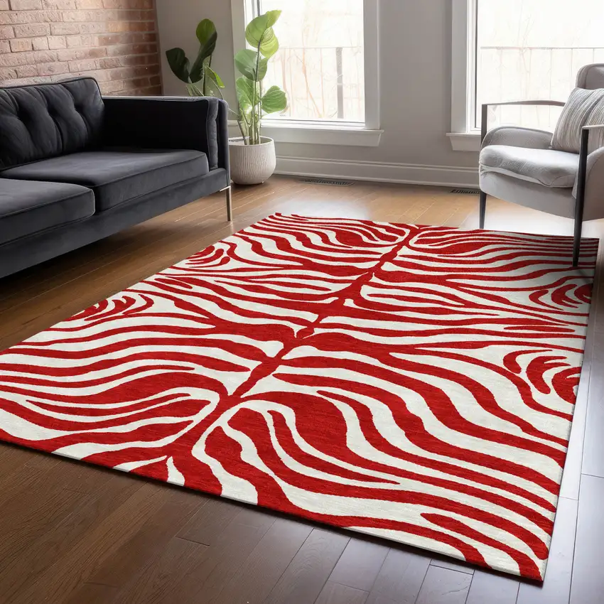 Red And Ivory Animal Print Washable Indoor Outdoor Area Rug Photo 8