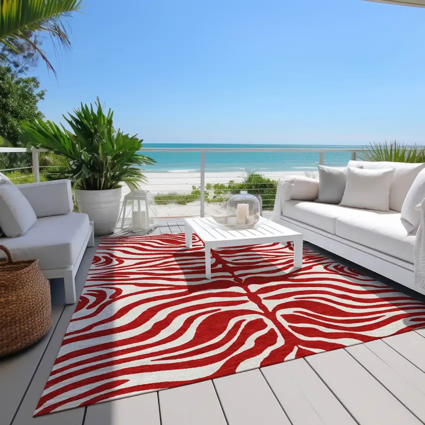 Red And Ivory Animal Print Washable Indoor Outdoor Area Rug Photo 9