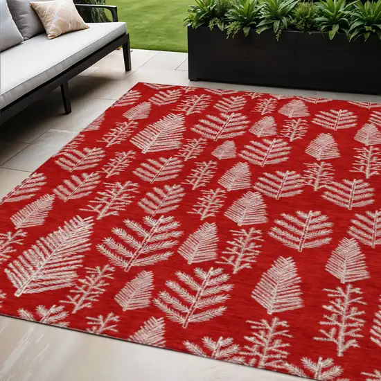 Red And Ivory Botanical Leaves Washable Indoor Outdoor Area Rug Photo 2
