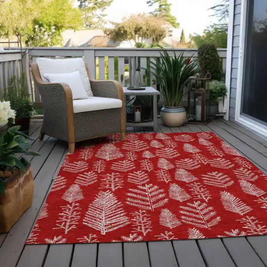 Red And Ivory Botanical Leaves Washable Indoor Outdoor Area Rug Photo 8