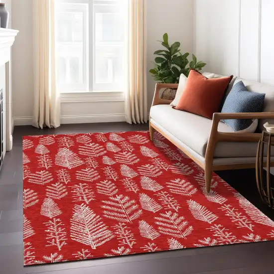 Red And Ivory Botanical Leaves Washable Indoor Outdoor Area Rug Photo 7