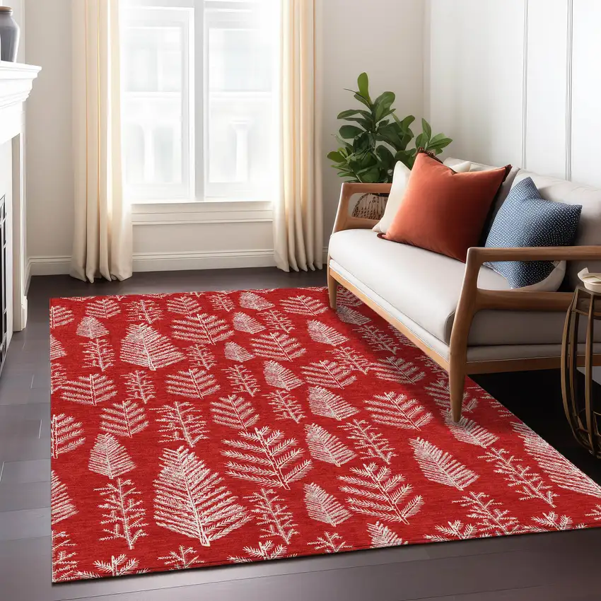 Red And Ivory Botanical Leaves Washable Indoor Outdoor Area Rug Photo 7