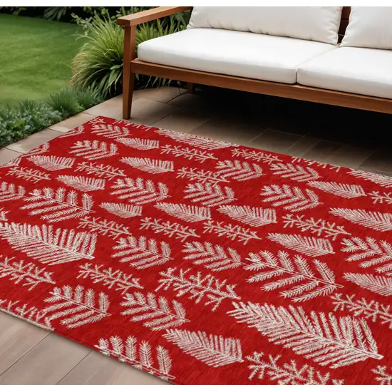 Red And Ivory Botanical Leaves Washable Indoor Outdoor Area Rug Photo 2
