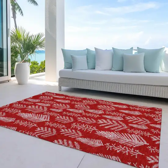 Red And Ivory Botanical Leaves Washable Indoor Outdoor Area Rug Photo 5