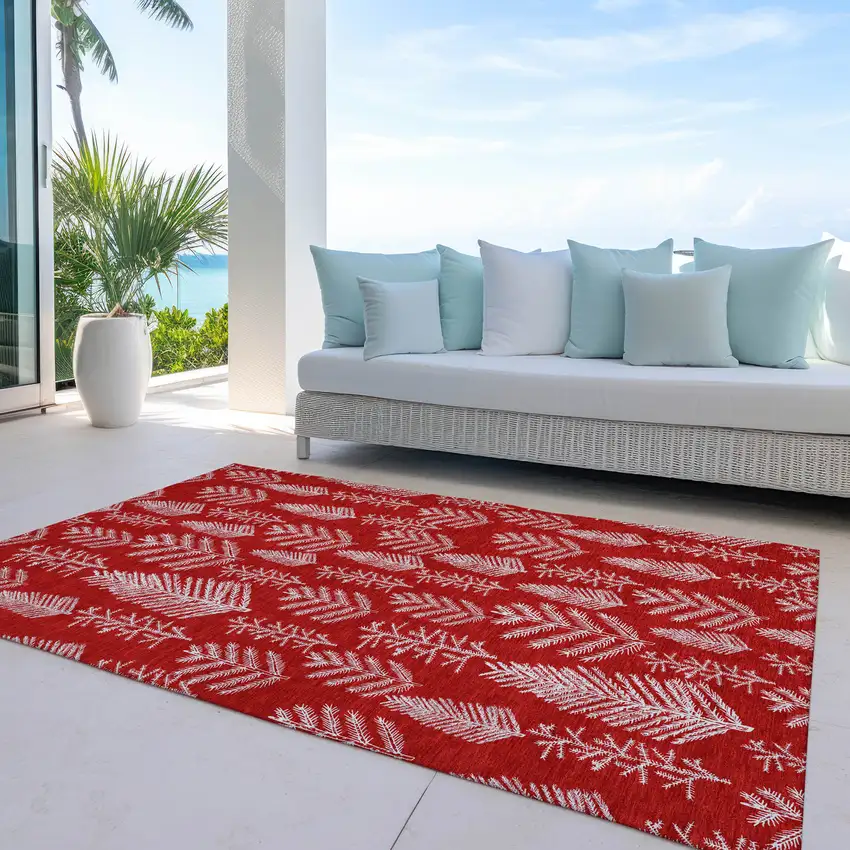 Red And Ivory Botanical Leaves Washable Indoor Outdoor Area Rug Photo 5