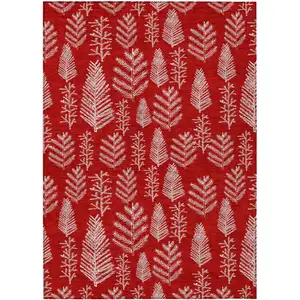 Photo of Red And Ivory Botanical Leaves Washable Indoor Outdoor Area Rug