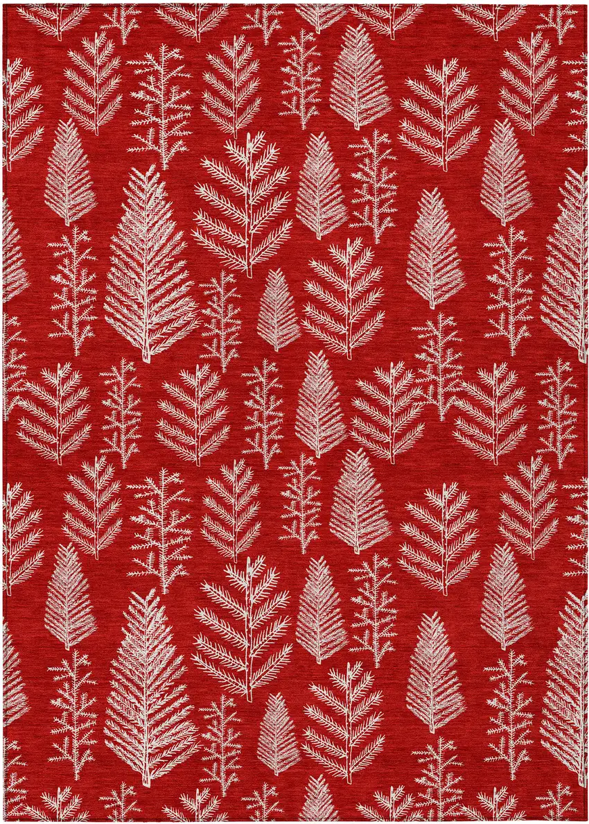 Red And Ivory Botanical Leaves Washable Indoor Outdoor Area Rug Photo 1
