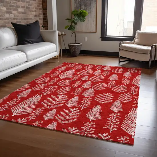Red And Ivory Botanical Leaves Washable Indoor Outdoor Area Rug Photo 6