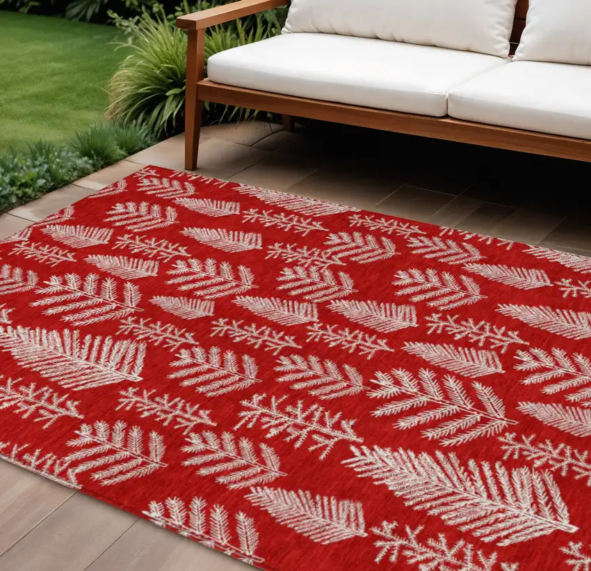 Red And Ivory Botanical Leaves Washable Indoor Outdoor Area Rug Photo 2