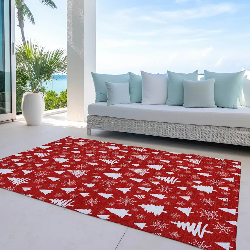 Red And Ivory Botanical Leaves Washable Indoor Outdoor Area Rug Photo 5