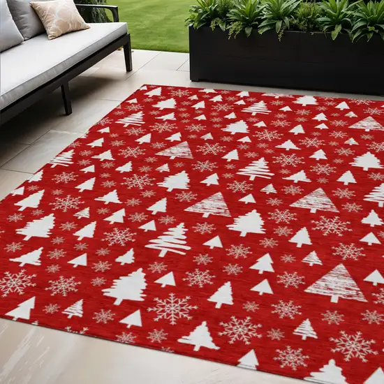 Red And Ivory Botanical Leaves Washable Indoor Outdoor Area Rug Photo 2
