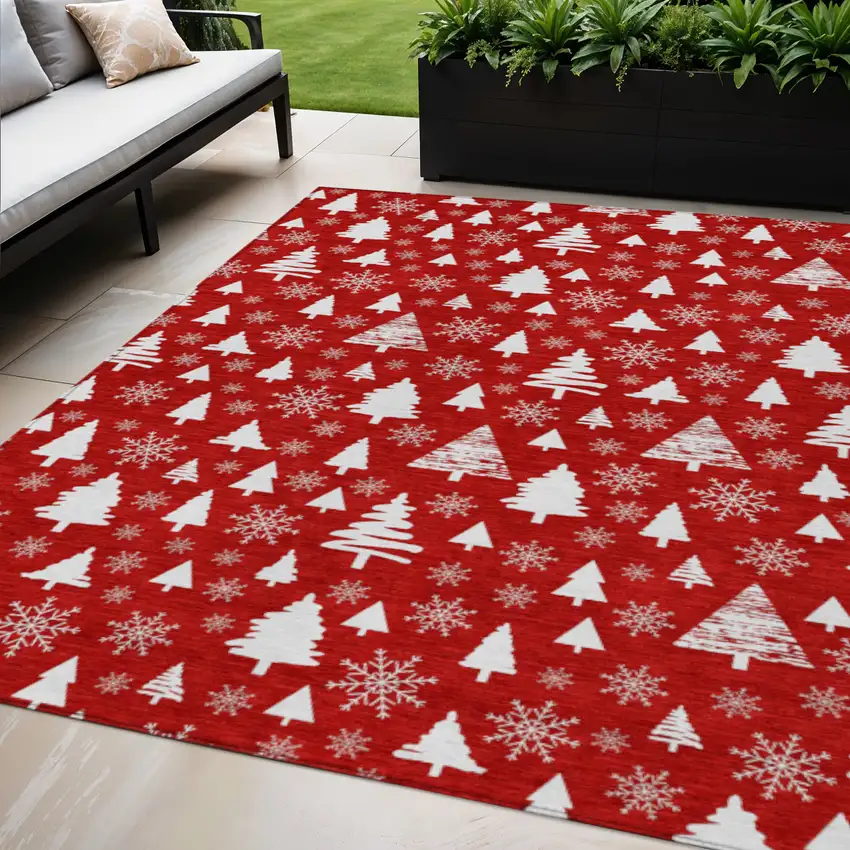 Red And Ivory Botanical Leaves Washable Indoor Outdoor Area Rug Photo 2