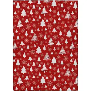 Photo of Red And Ivory Botanical Leaves Washable Indoor Outdoor Area Rug