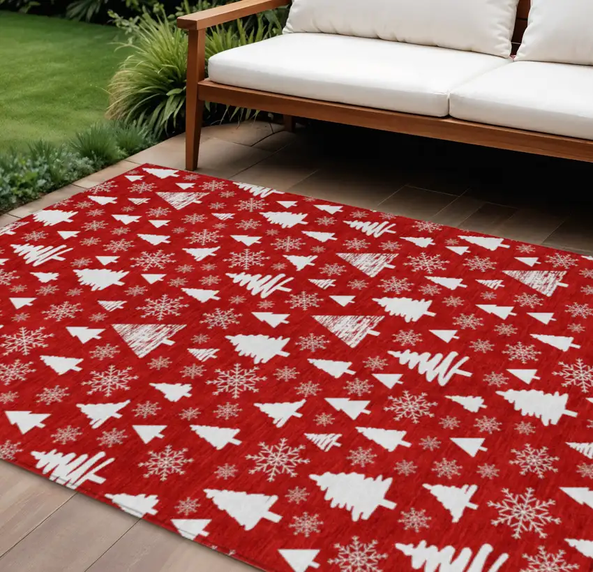 Red And Ivory Botanical Leaves Washable Indoor Outdoor Area Rug Photo 2