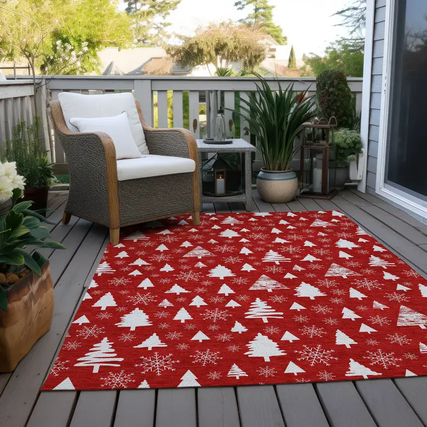 Red And Ivory Botanical Leaves Washable Indoor Outdoor Area Rug Photo 8