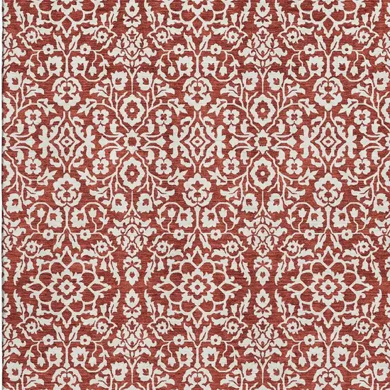 Red And Ivory Damask Washable Area Rug With UV Protection Photo 4