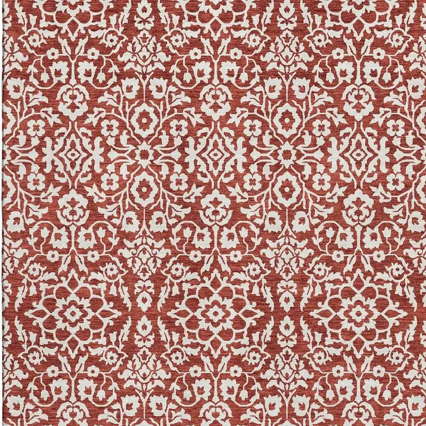 Red And Ivory Damask Washable Area Rug With UV Protection Photo 4