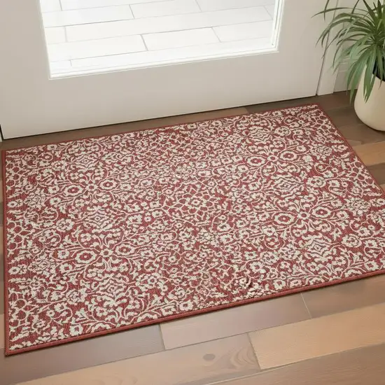 Red And Ivory Damask Washable Area Rug With UV Protection Photo 2