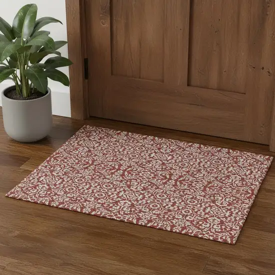 Red And Ivory Damask Washable Area Rug With UV Protection Photo 1