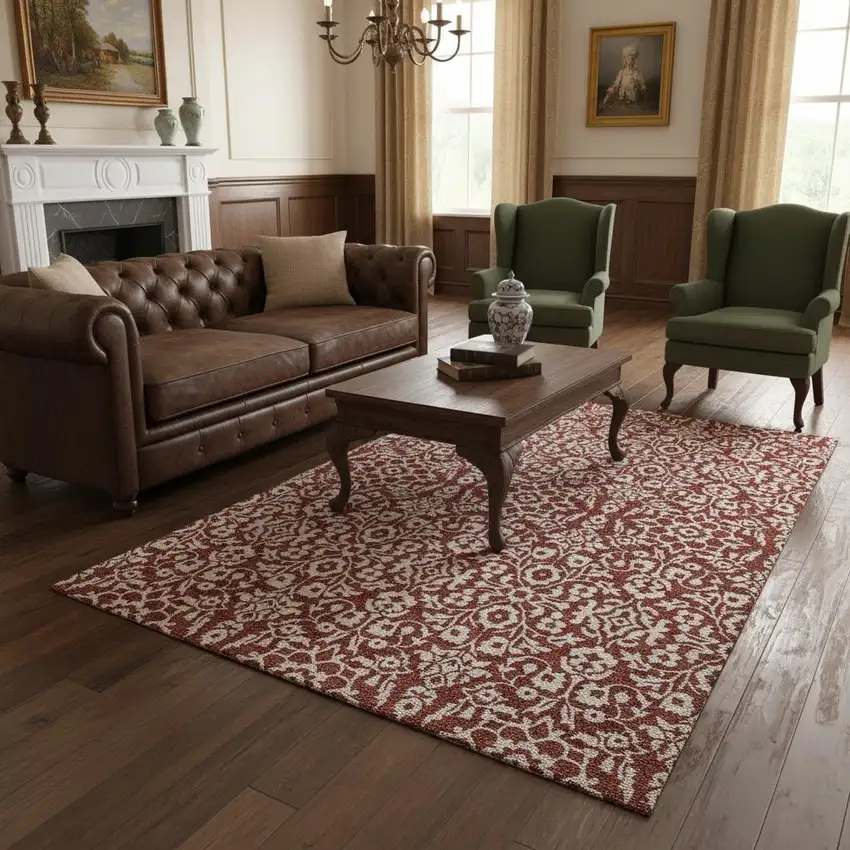 Red And Ivory Damask Washable Area Rug With UV Protection Photo 2