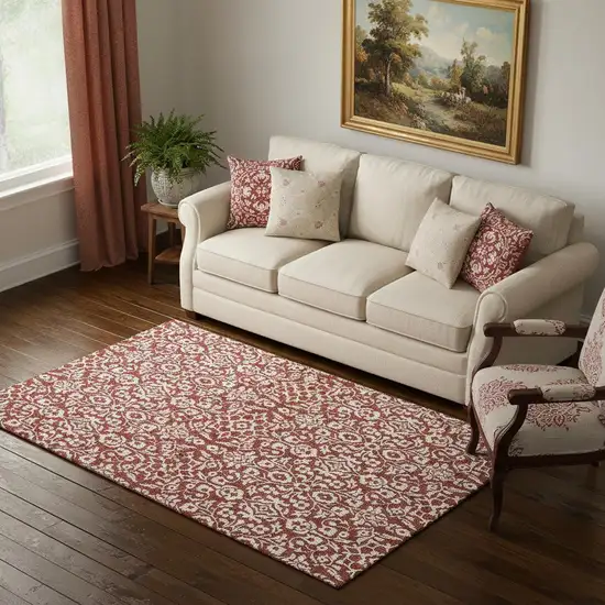 Red And Ivory Damask Washable Area Rug With UV Protection Photo 1