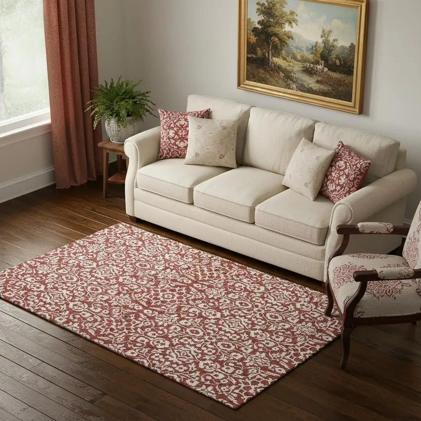 Red And Ivory Damask Washable Area Rug With UV Protection Photo 1