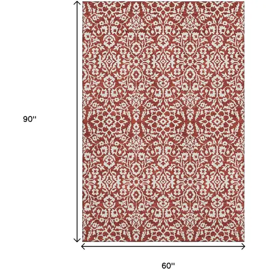 Red And Ivory Damask Washable Area Rug With UV Protection Photo 3