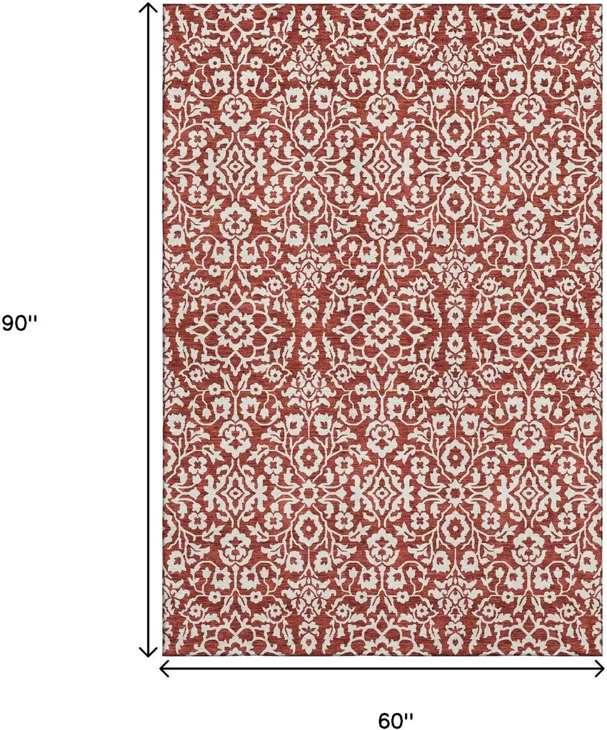 Red And Ivory Damask Washable Area Rug With UV Protection Photo 3