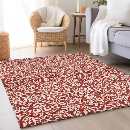 Red And Ivory Damask Washable Area Rug With UV Protection Photo 5