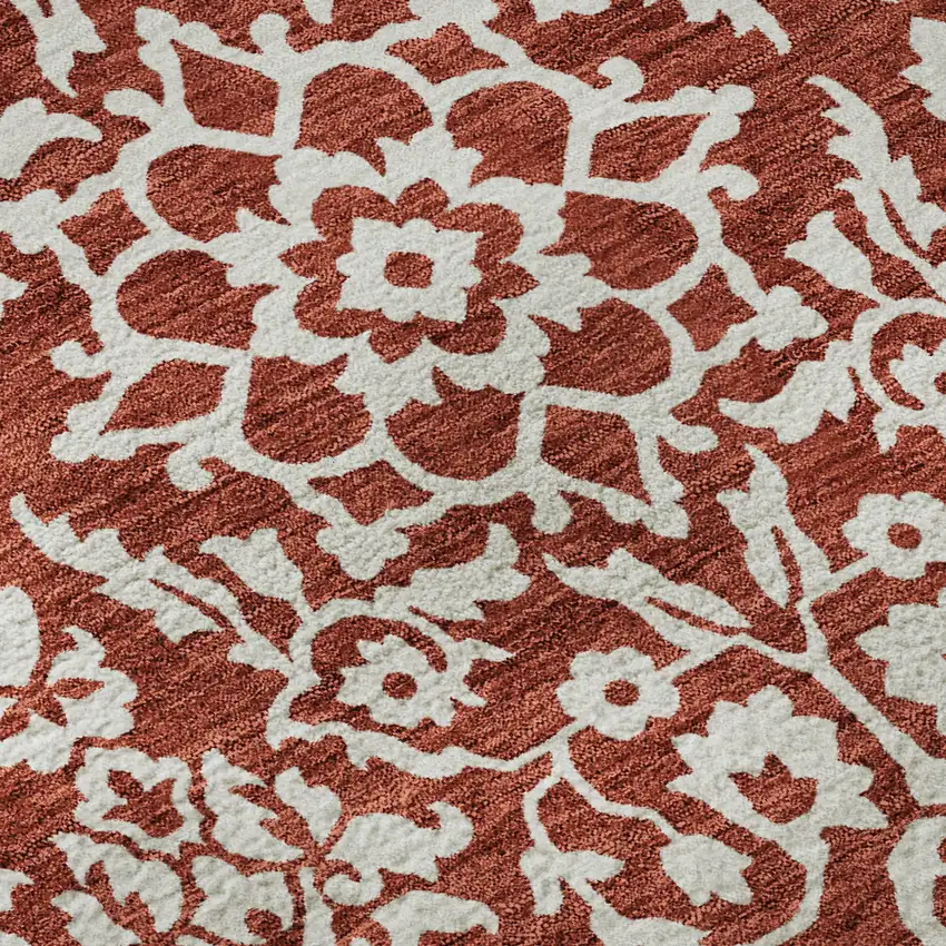Red And Ivory Damask Washable Area Rug With UV Protection Photo 9