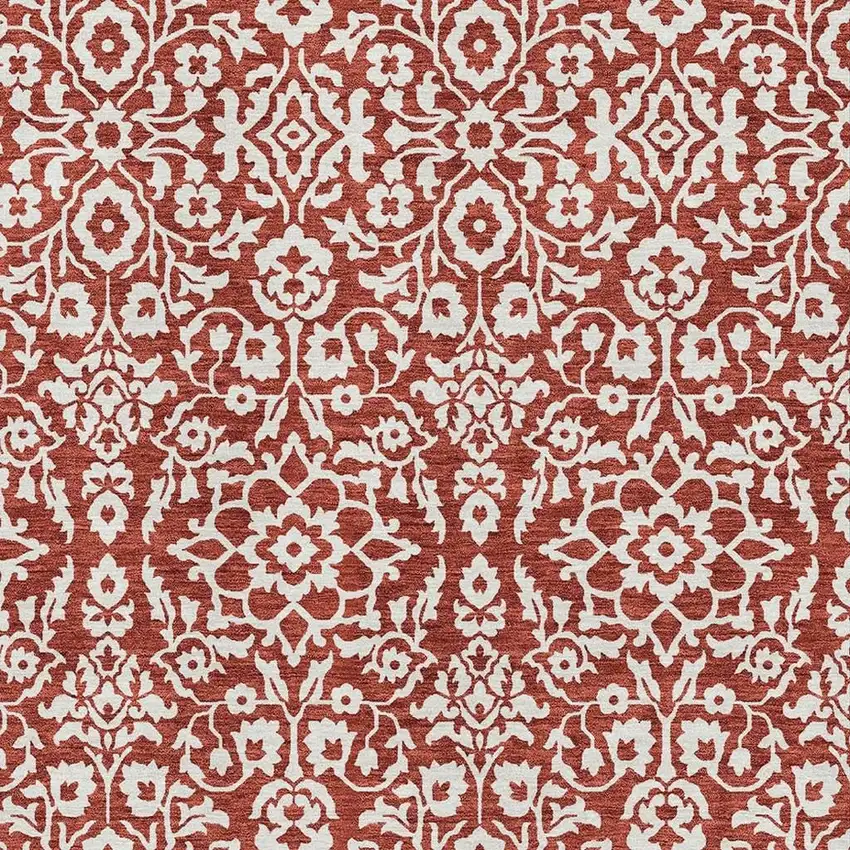 Red And Ivory Damask Washable Area Rug With UV Protection Photo 3