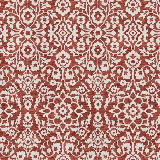 Red And Ivory Damask Washable Area Rug With UV Protection Photo 3