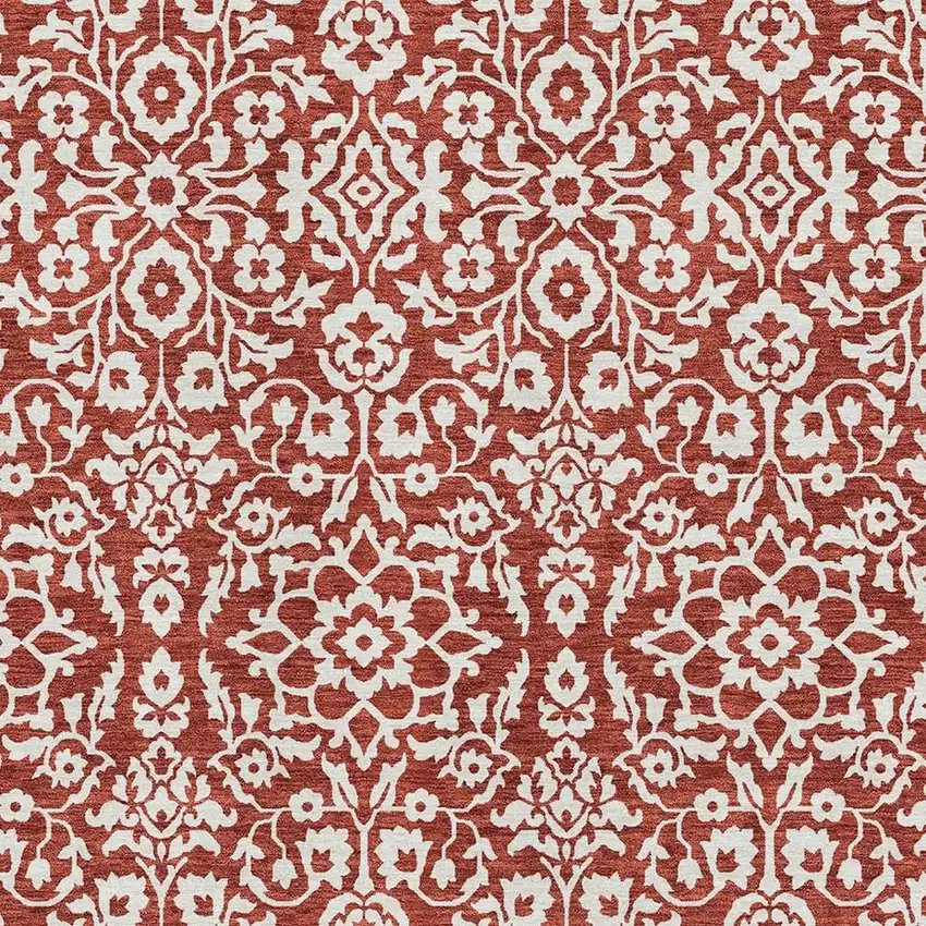 Red And Ivory Damask Washable Area Rug With UV Protection Photo 3